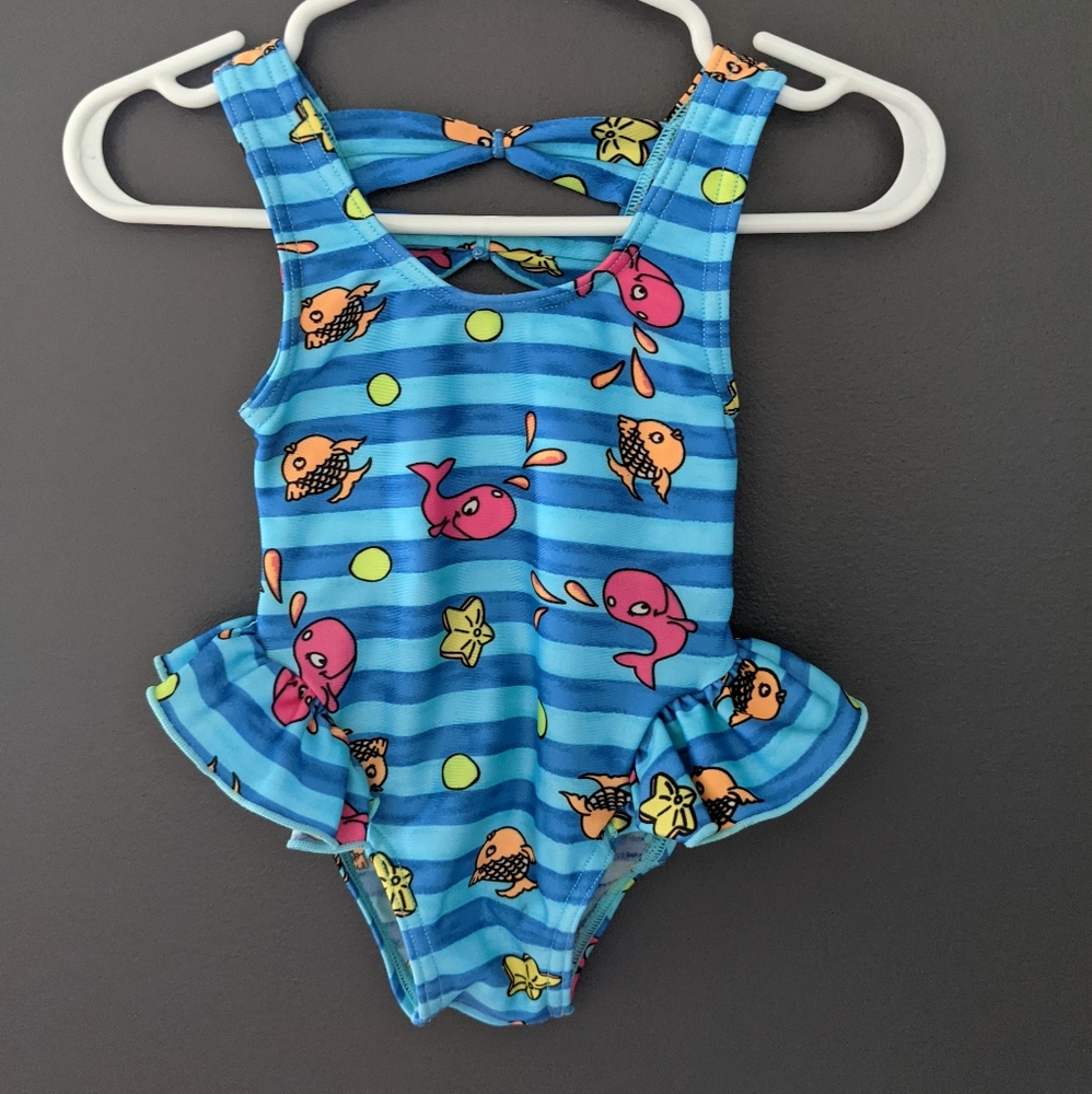 Blue ocean print striped one piece swimsuit